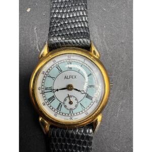 ALFEX Swiss Made Gold Tone Bezel Women's Wristwatch Black Leather Band